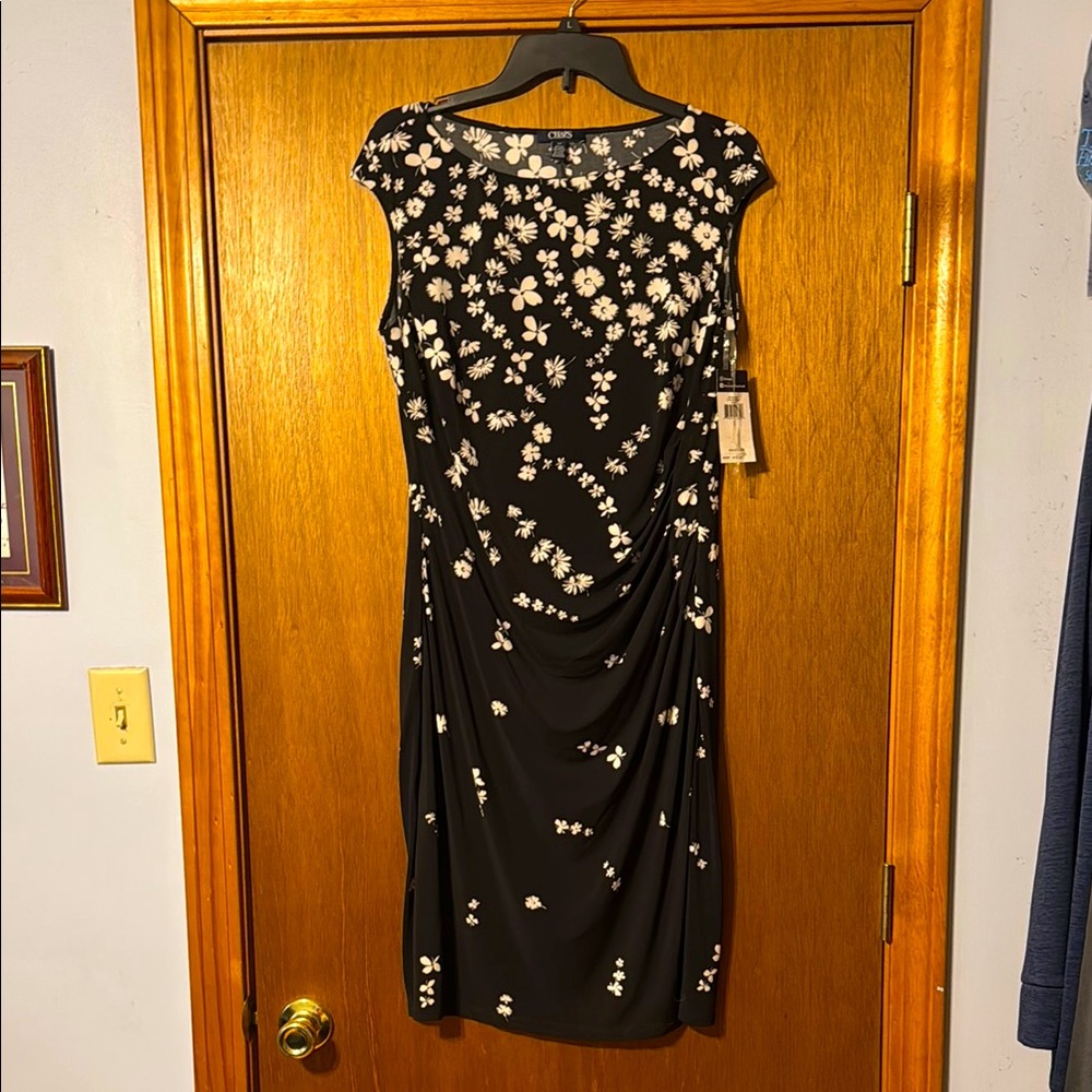Chaps Black and White Sheath Midi Dress Cap Sleeve Crew Neck